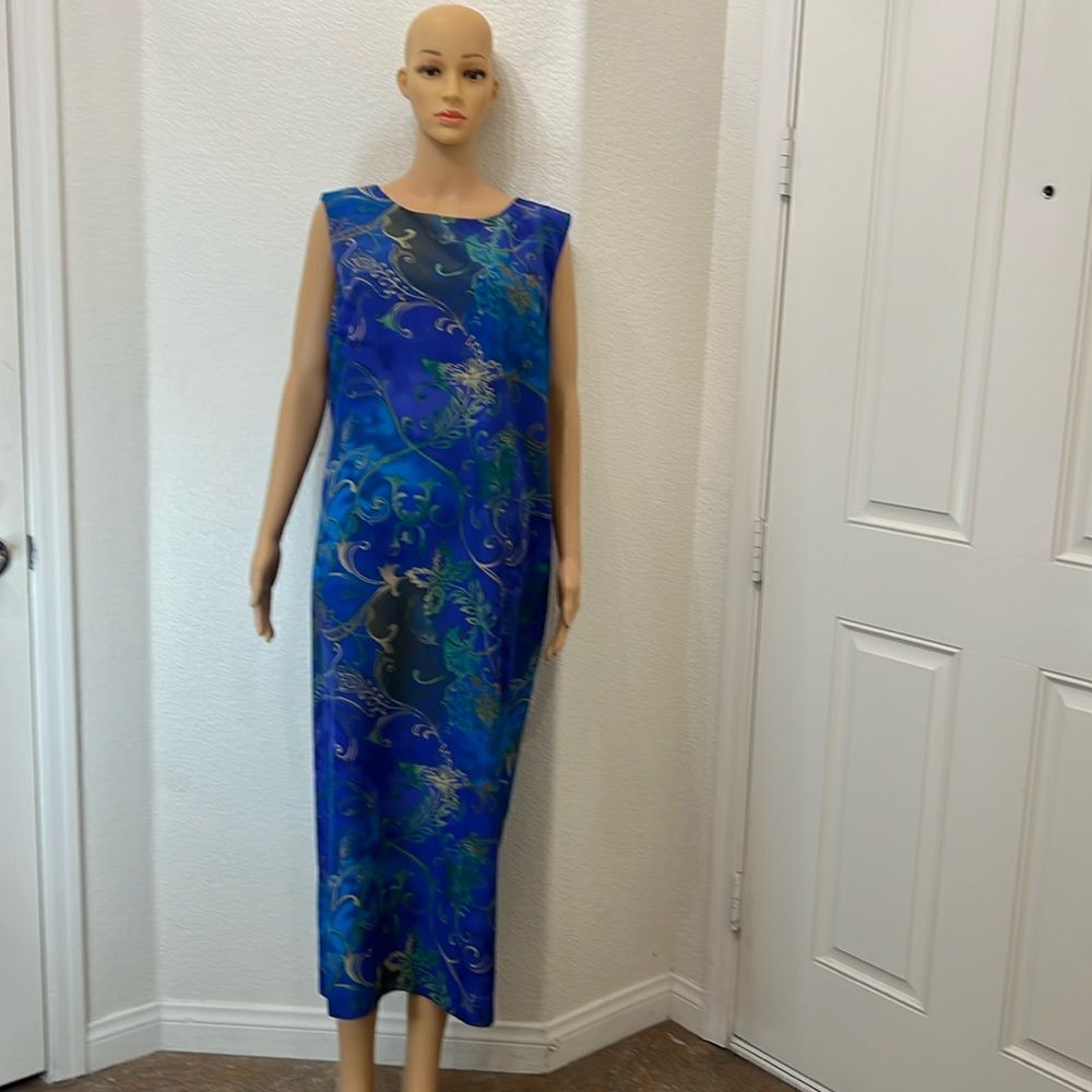 Koret Woman’s Dress Scoop Neck Sleeveless Midi Blue Gold Floral Back Zipper